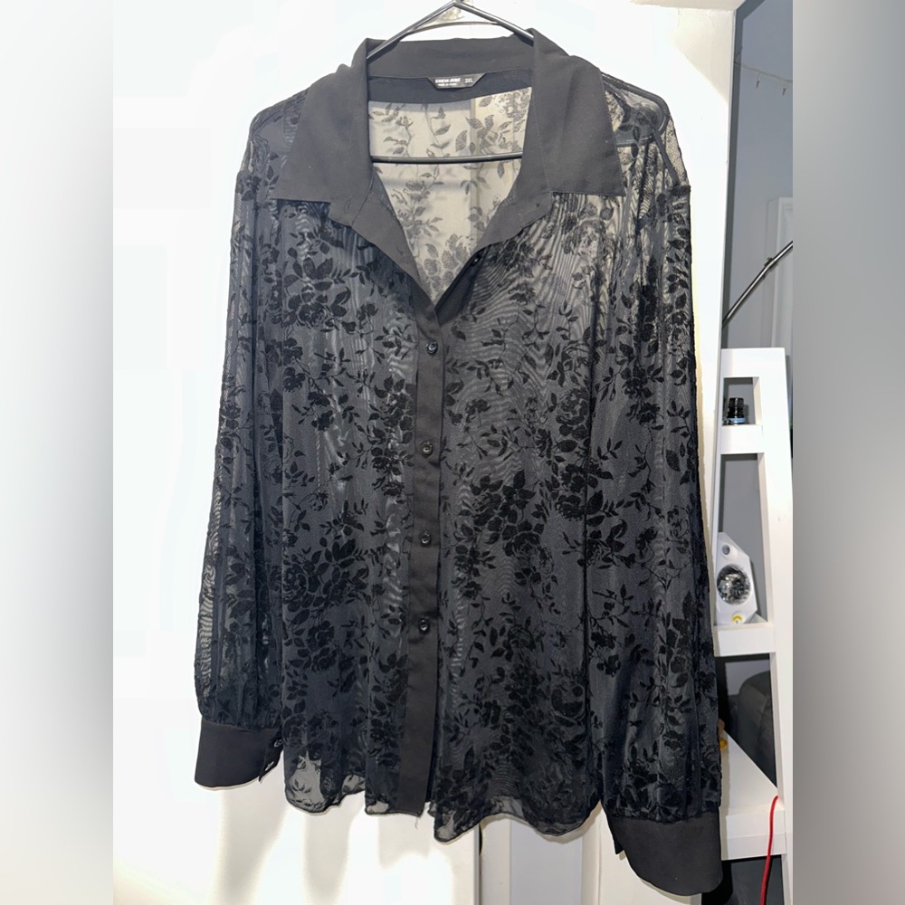 Vintage Looking Black Velvet Lace Button Down Blouse SHEIN 3XL